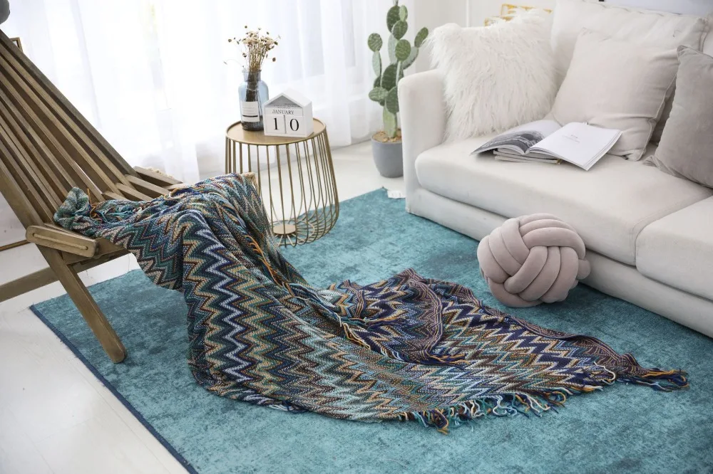 Manta Decorativa para Sofá de 130*170cm, Cubrecama Azul Bohemia, Cobertor para Sofá/Camas/Viajes en Avión, Mantas Antideslizantes