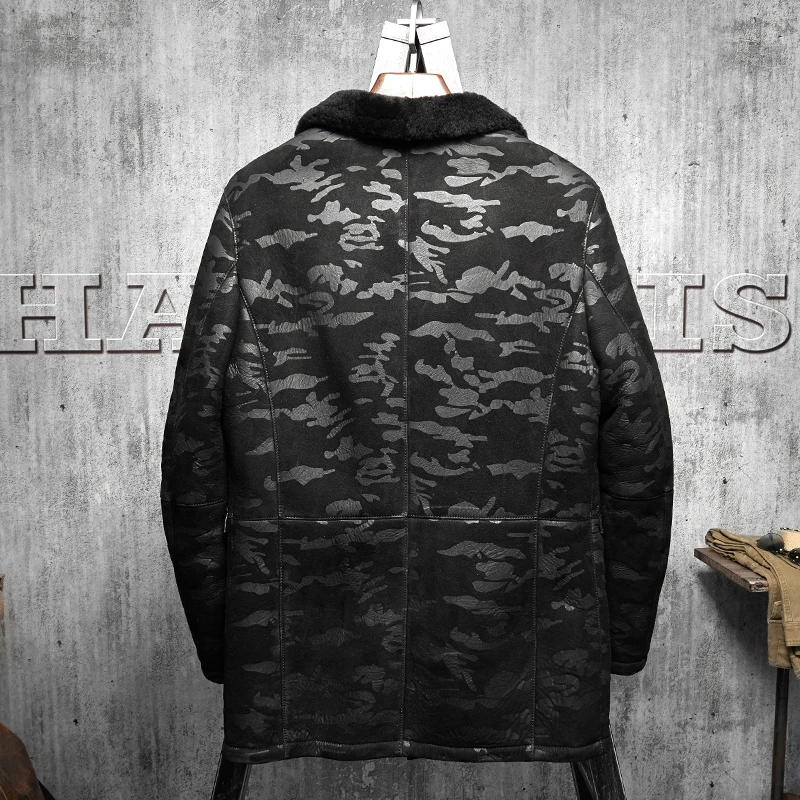 Denny&DoraMen's Shearling Leather Jacket  B3 Jacket Black Camouflage Original Flying Jacket Men's Fur Coat Long Pilots Coat