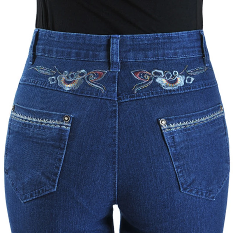 New Fashion Casual Jeans Middle-Aged Women High Waist Trousers Straight Pants Female Embroidery Elasticity Denim Pants