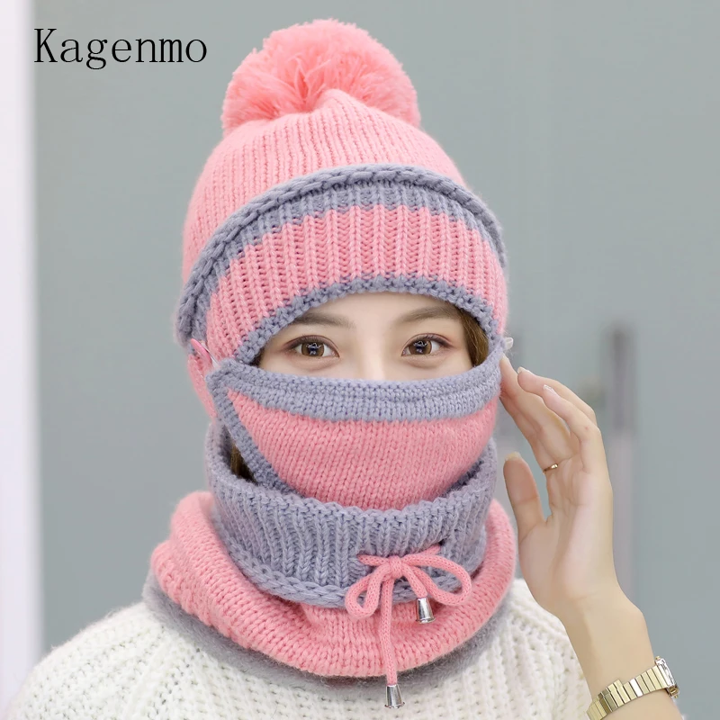 

Kangemo Warm Winter Women Cap Scarf Mask Outdoor Ear Face Neck Protection Warm Sets Fashion Thick Cotton Hat Thermal Scarves