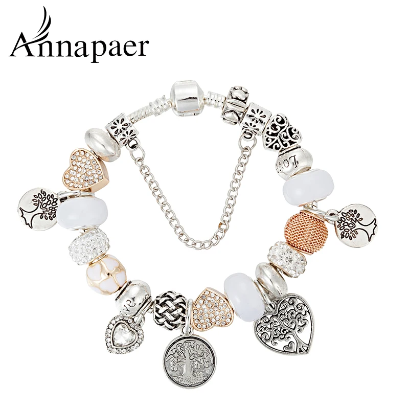 ANNAPAER 2019 Pulseras Snake Chain Charm Bracelets with Tree of Life Crystal Ball Fit Pan Original Bracelets Dropshipping B17005