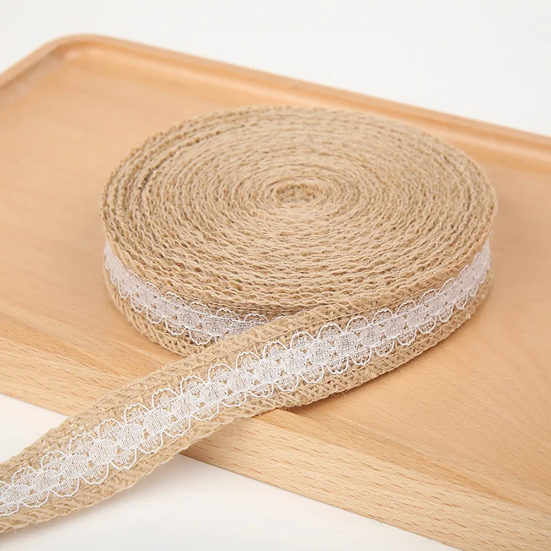 2 M 25 MILLIMETRI Naturale di Iuta Tela Rotoli Dell\'assia Del Nastro con Pizzo D\'epoca in Stile Rustico Decorazione di cerimonia nuziale Ornamento