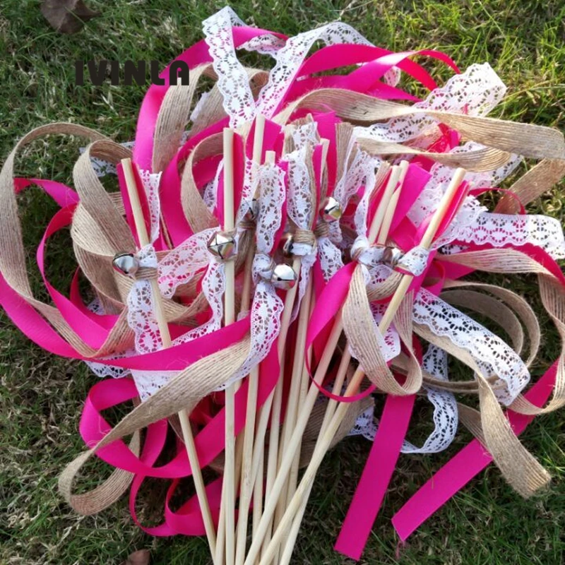 

50pcs/lot Fushia Jute Ribbon Wedding Wands with big sliver Bells For Wedding Decoration