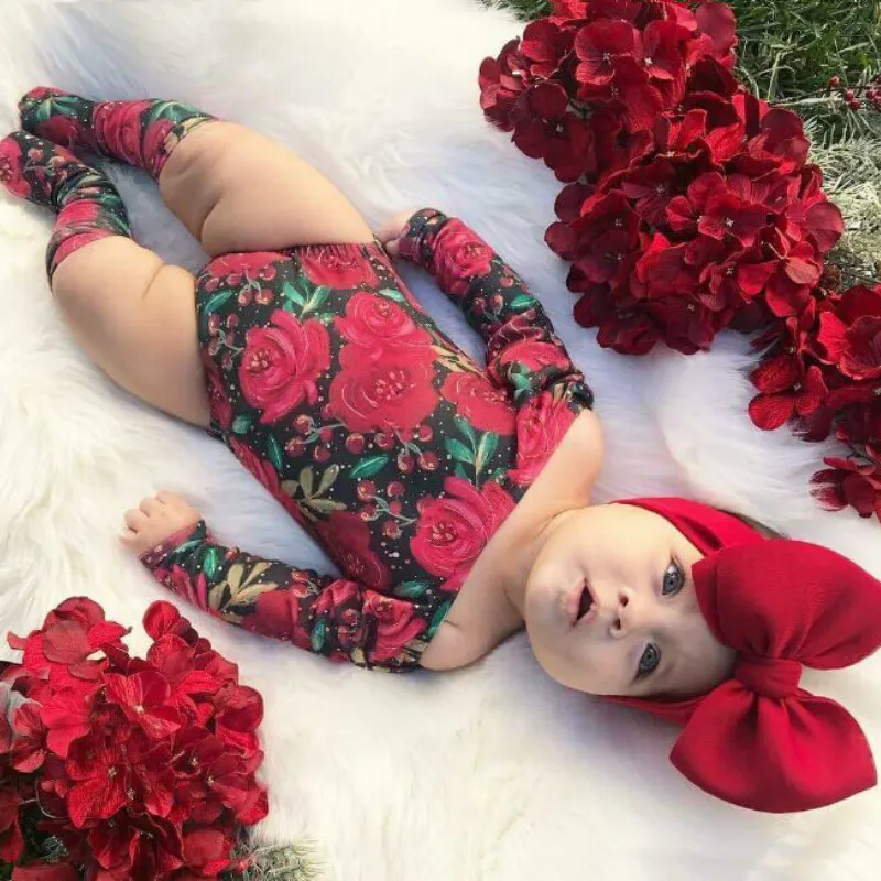 3Pcs Newborn Baby Girls Flower Bodysuit Jumpsuit+ Socks +Headband Toddler Outfits Baby Girls Clothes Sets Summer Autumn