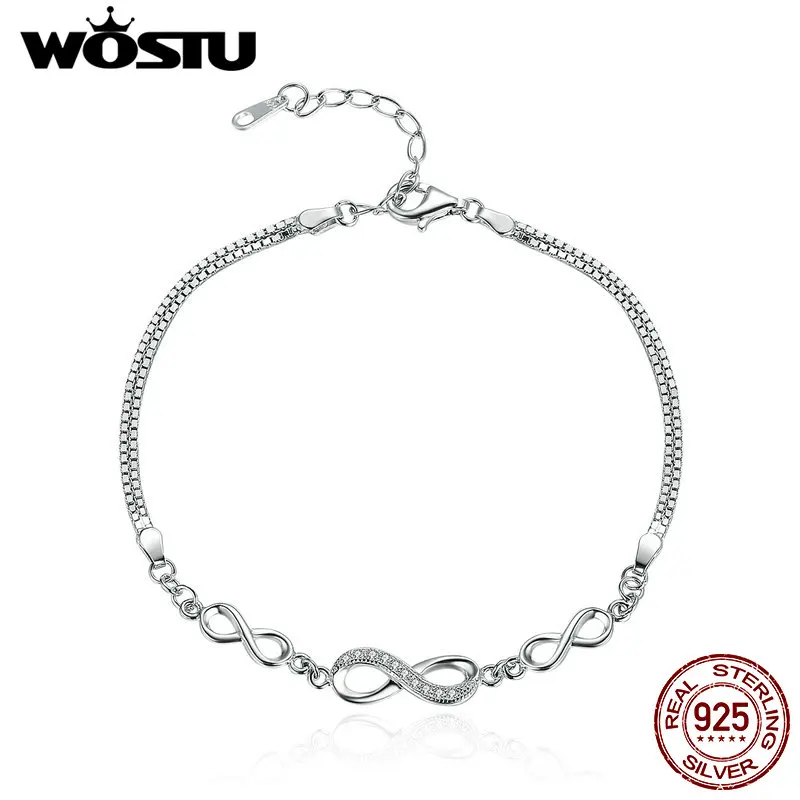 WOSTU Hot Sale 925 Sterling Silver Endless Love Infinity Chain Link Adjustable Women Bracelet Luxury Silver Jewelry CQB037