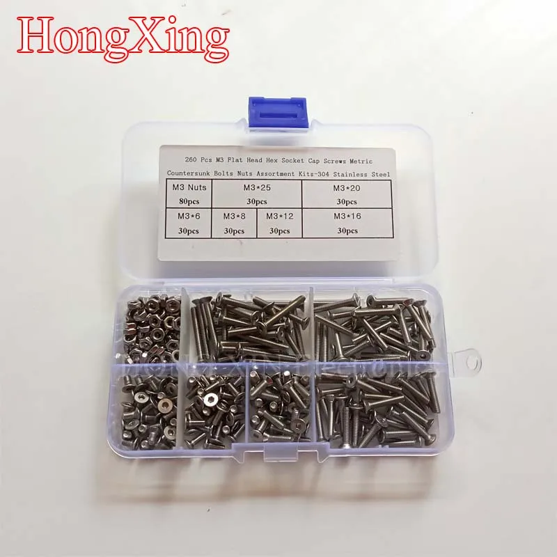 

260Pcs Stainless Steel Hex Socket Flat Head Assortment Kit Screw Bolts Nuts Box M3 304