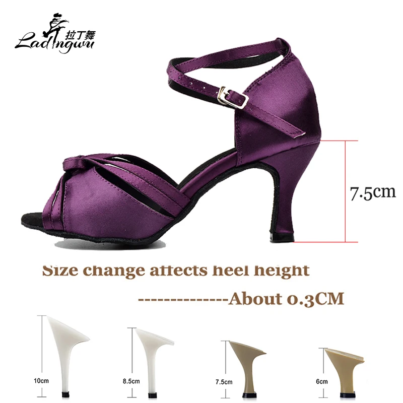 Ladingwu  Purple Ribbon Knot Latin Woman Salsa Dancing Shoes Soft Bottom Ballroom Dance Shoes Women Satin