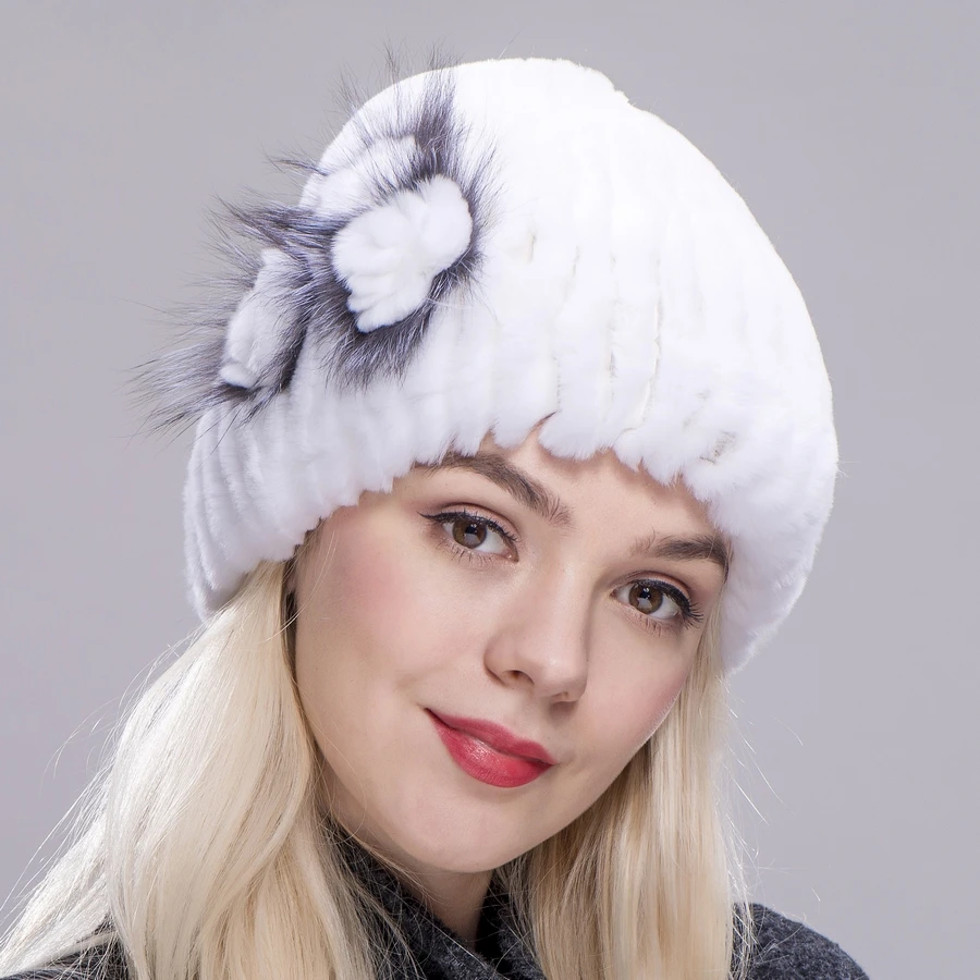 FXFURS winter women fur hat natural knitted rex rabbit silver fox fur caps fashion fur caps with floral brand female hat sale