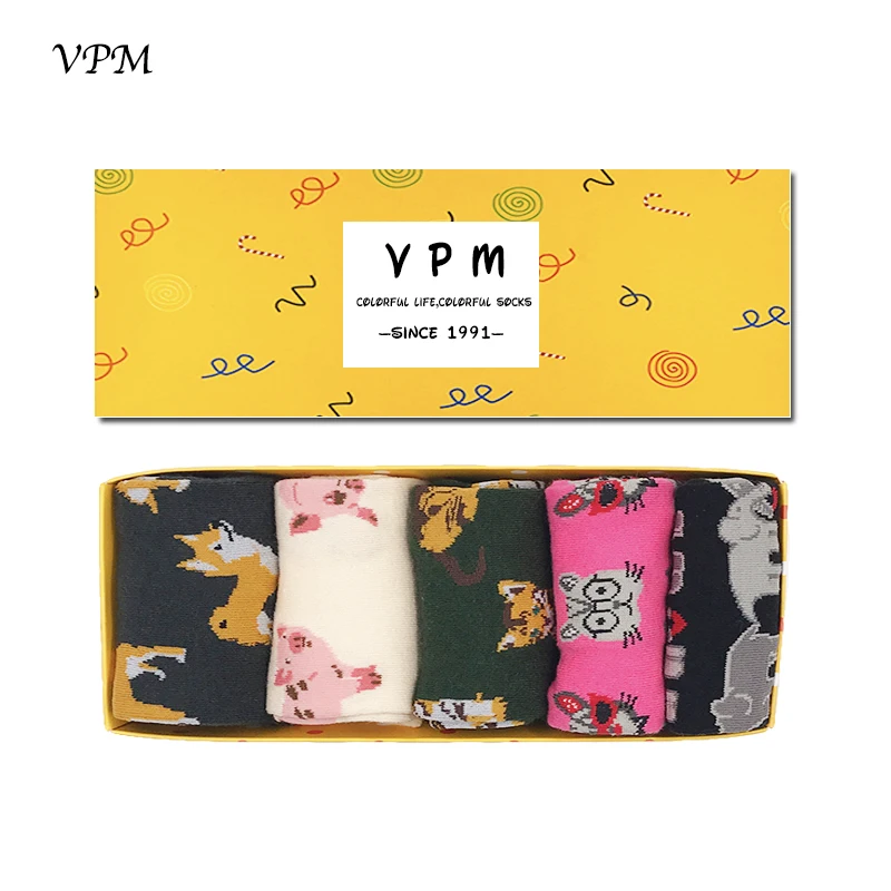 

VPM Gift Box Women's Casual Socks Colorful Cartoon Funny Animal Elephant Pig Cat Dog Pattern Christmas Sock for Girl 5 Pairs/Lot