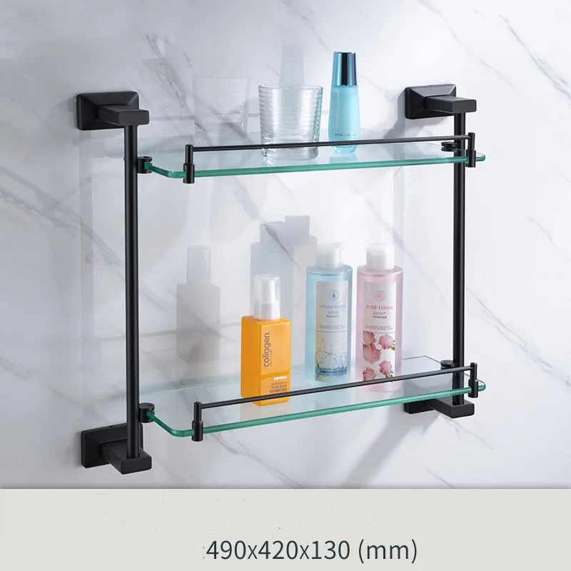 Newest Matte Black brass and glass Bathroom Hardware Accessory Double-deck glass shelf