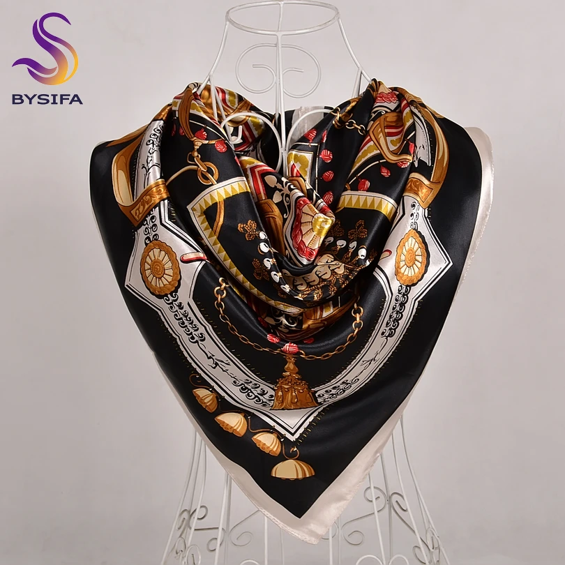 [BYSIFA] Brand Winter New Silk Scarf Shawl Women Fashion Luxury Square Scarves Wraps Brand Chain Design Muslim Head Neck Scarves