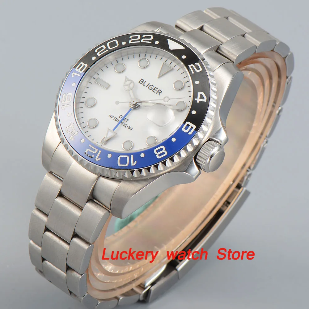 Bliger 40mm white dial luminous saphire glass;black and blue Ceramic Bezel GMT Automatic movement men's watch-BA08