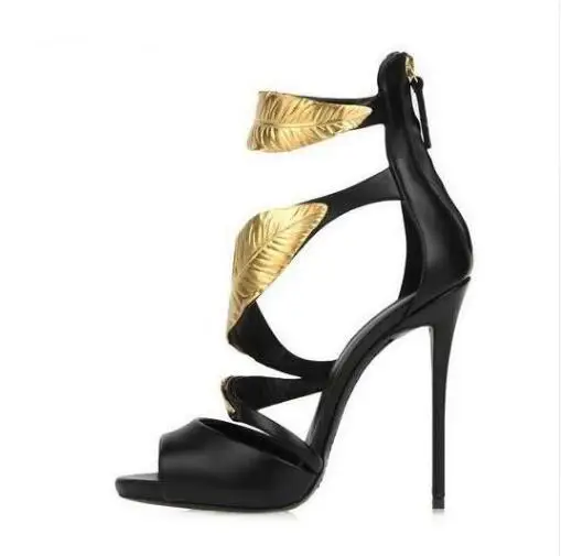 Gullick Big Size Gold Leaves Sandals High Heel Cut Outs Ankle Wrap Open Toe Summer Dress Shoes Zipper Thin Heels Cage Shoes