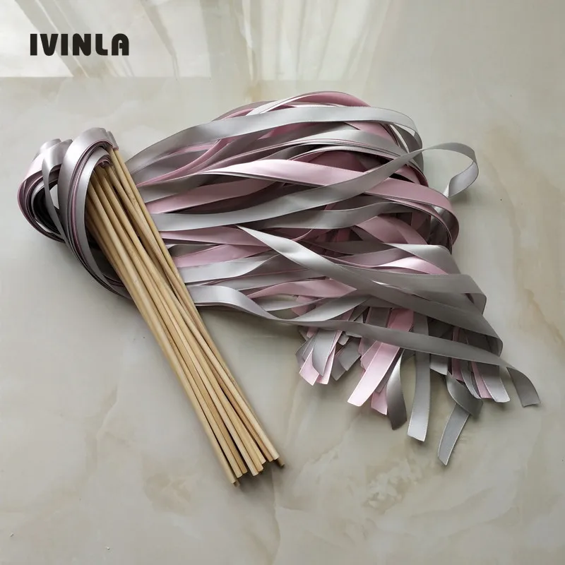 

50pcs/lot pink and sliver stain ribbon wedding wands Without Bells for wedding decoration