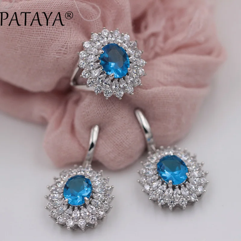 PATAYA New Women Luxury Wedding Jewelry Green Natural Zirconia Big Earrings Ring Sets True White Gold Color  Multicolor Jewelry