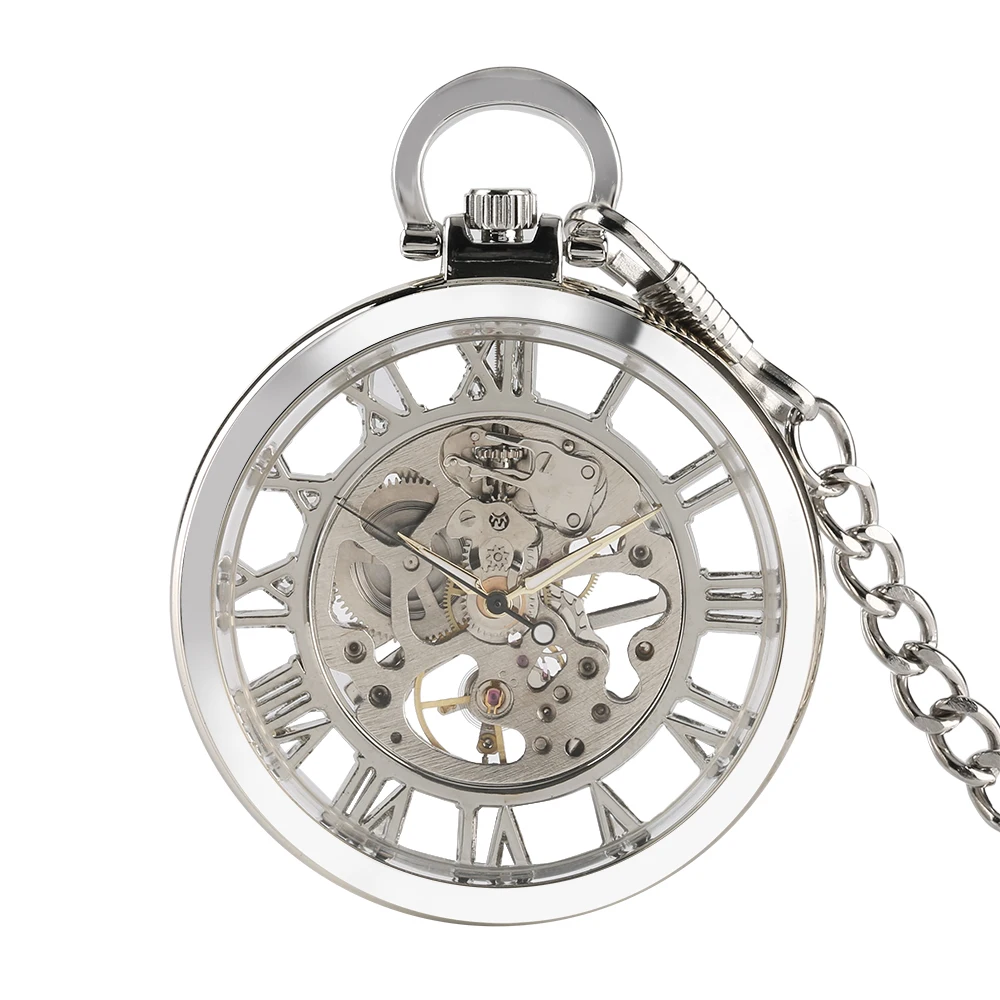 New Arrival Fashion Unique Glass Case Hollow Roman Number Hollow Skeleton Dial Hand-Wind Mechanical Pocket Watch With Chain