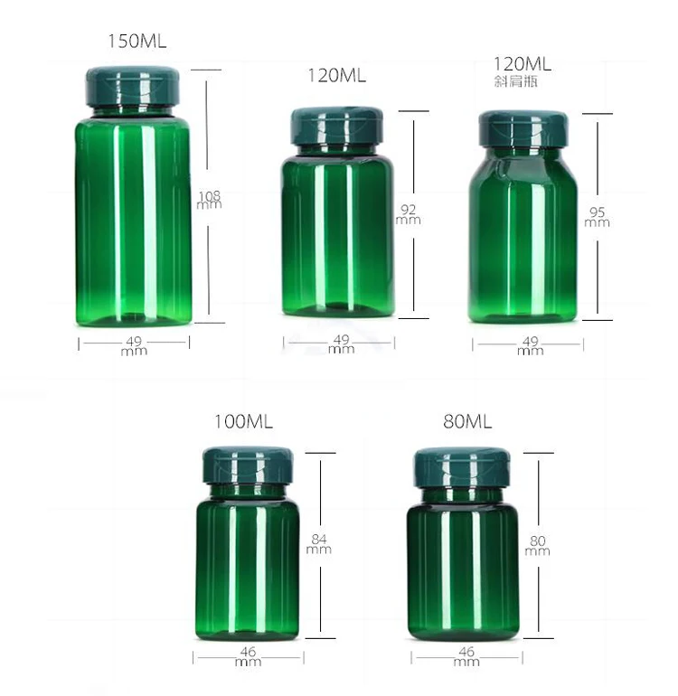 100pcs Dark Green Color PET Flip Bottles,Capsules/Pills/Powder/Vitamin Plastic Bottles with Flip Cap -- 80ml/100ml/120ml/150ml