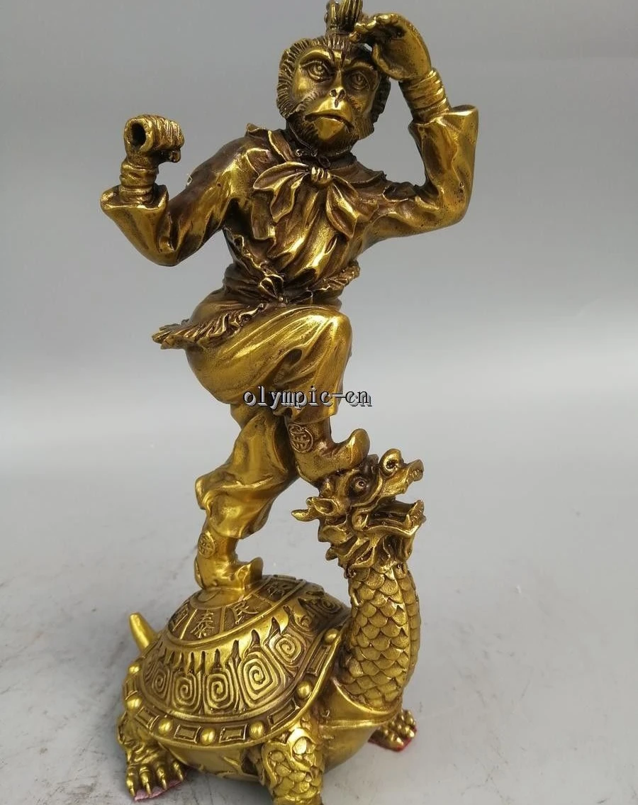 11'' brass carved chinese myth Sun Wukong Monkey King on Dragon Turtle statue