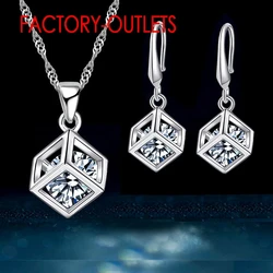 925 Silver Needle Necklaces Earrings Jewelry Sets Fashion Jewelry Square Cubic Zirconia   Women Girls Engagement Anniversary