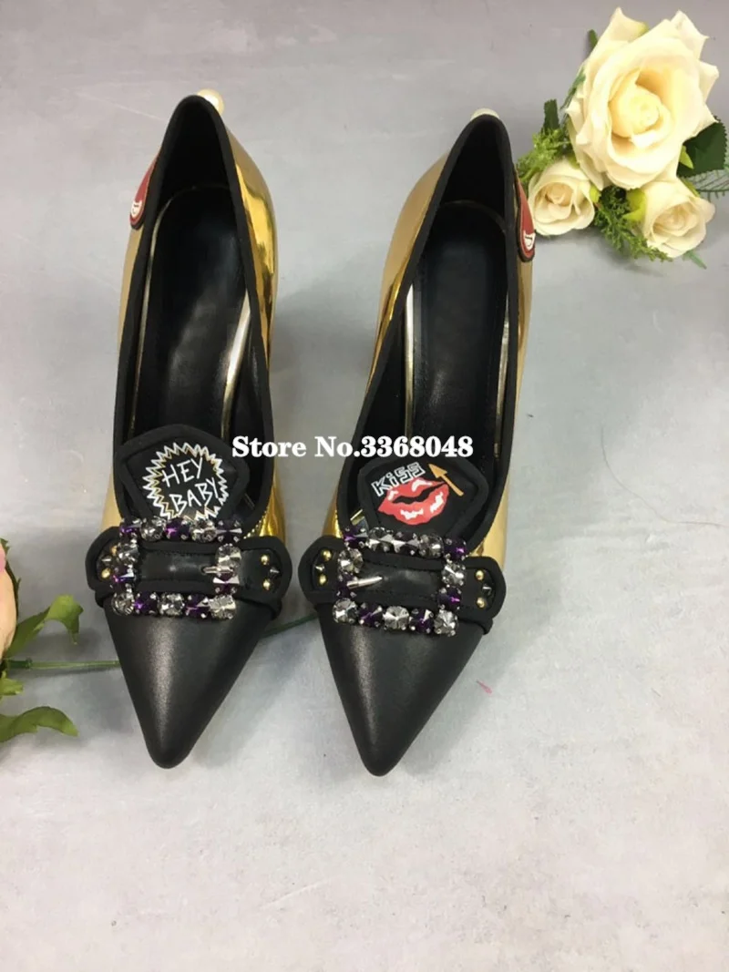 2019 New Gold Patent Leather Woman Pumps Crystal Buckle High Square Heels Normal Dress Shoes Mixed Colors Female Spring Shoes