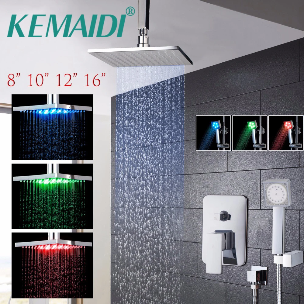 

KEMAIDI LED wall ceiling mounted 8 10 12 16 inch shower head set with control valve hand sprayer chrome polished bathroom Kit