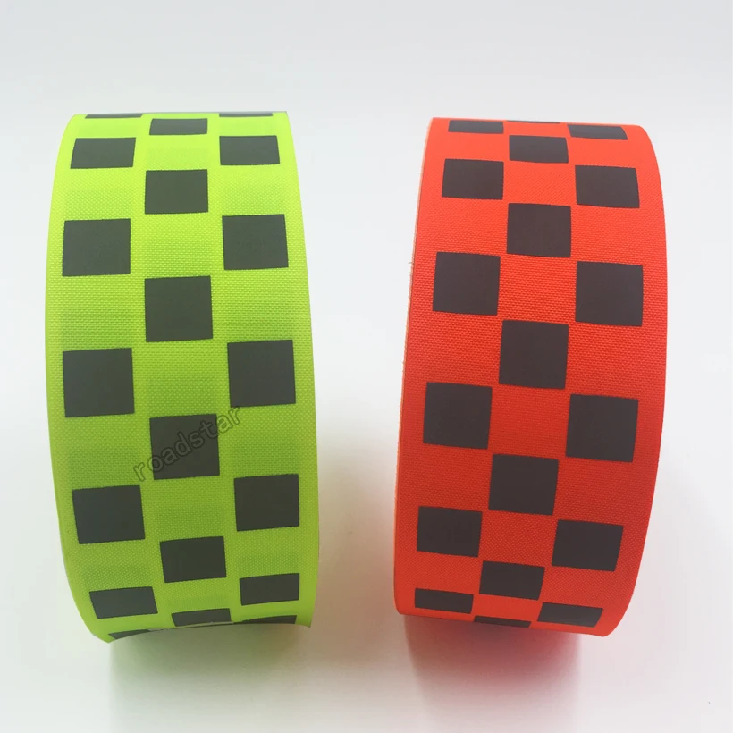 Roadstar Reflective Oxford Webbing Fluorescent Yellow& Orange Warning Tape with Small Square for Safety Sew on Cothing
