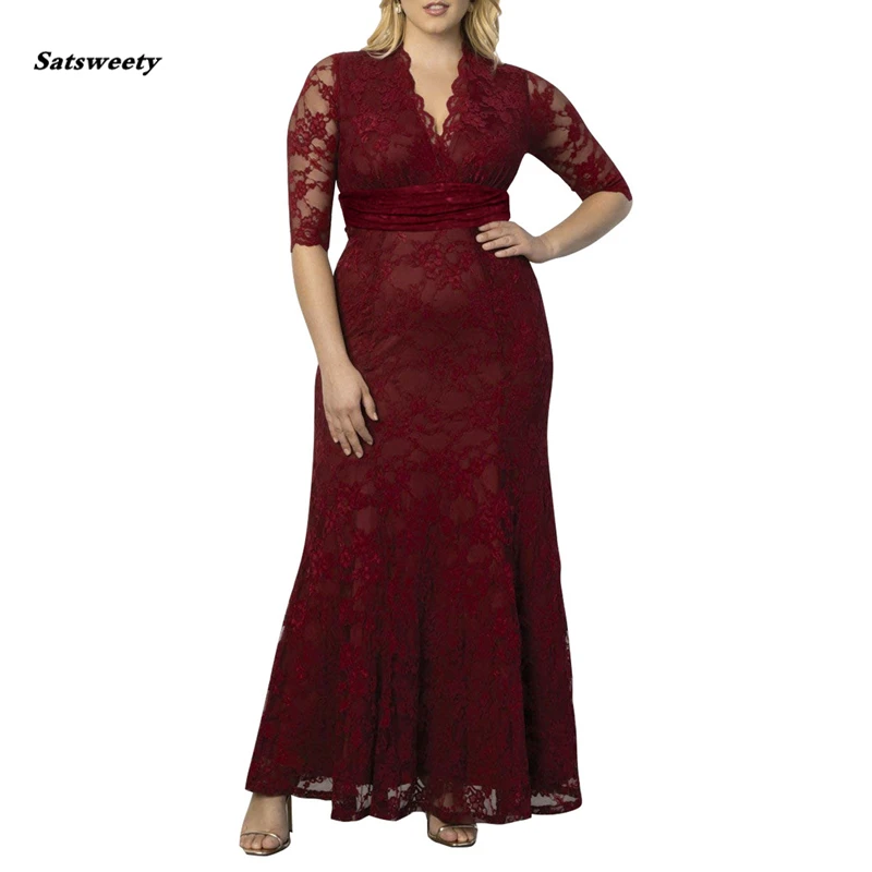 Burgundy Mother Of The Bride Dresses Plus Size Elegant A Line V Neck Half Sleeve Lace Wedding Party Gowns Robe De Soiree