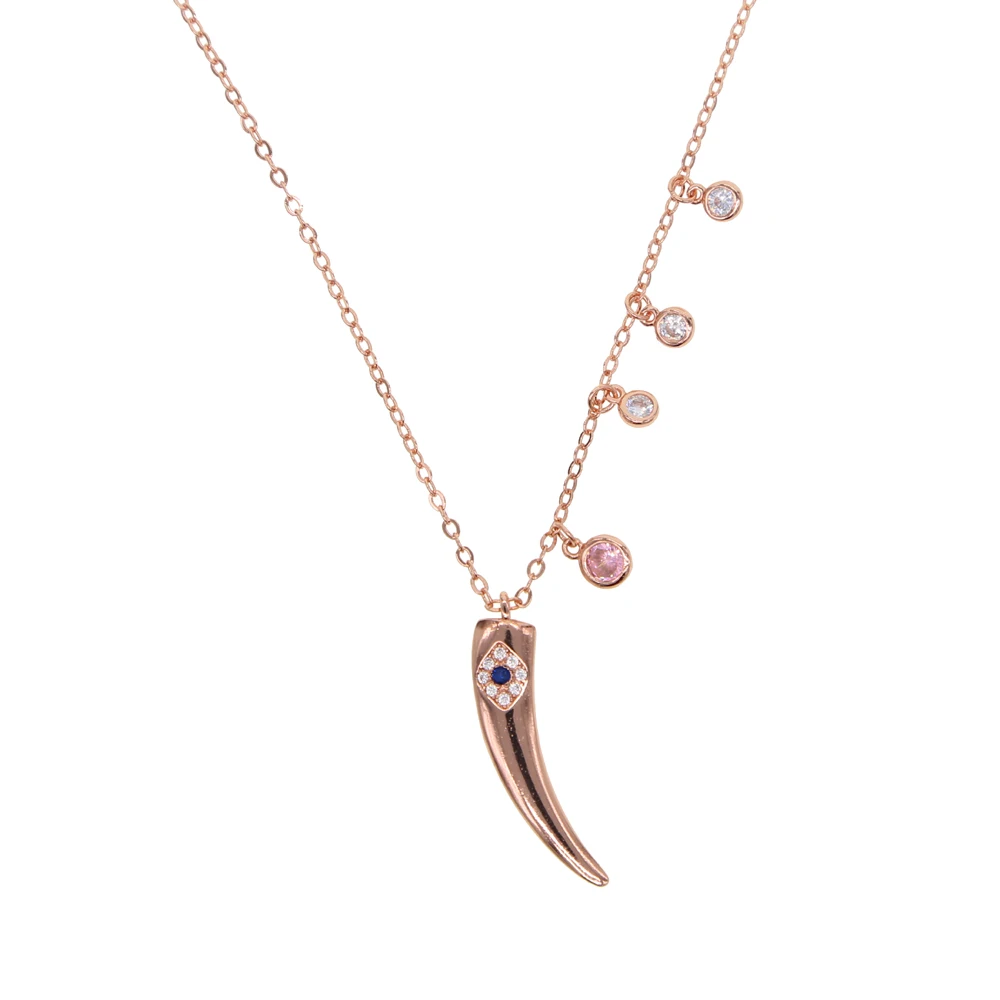 Rose gold color fashion women jewelry cz eye Long Horn pendant with round cz drop statement gorgeous women necklace