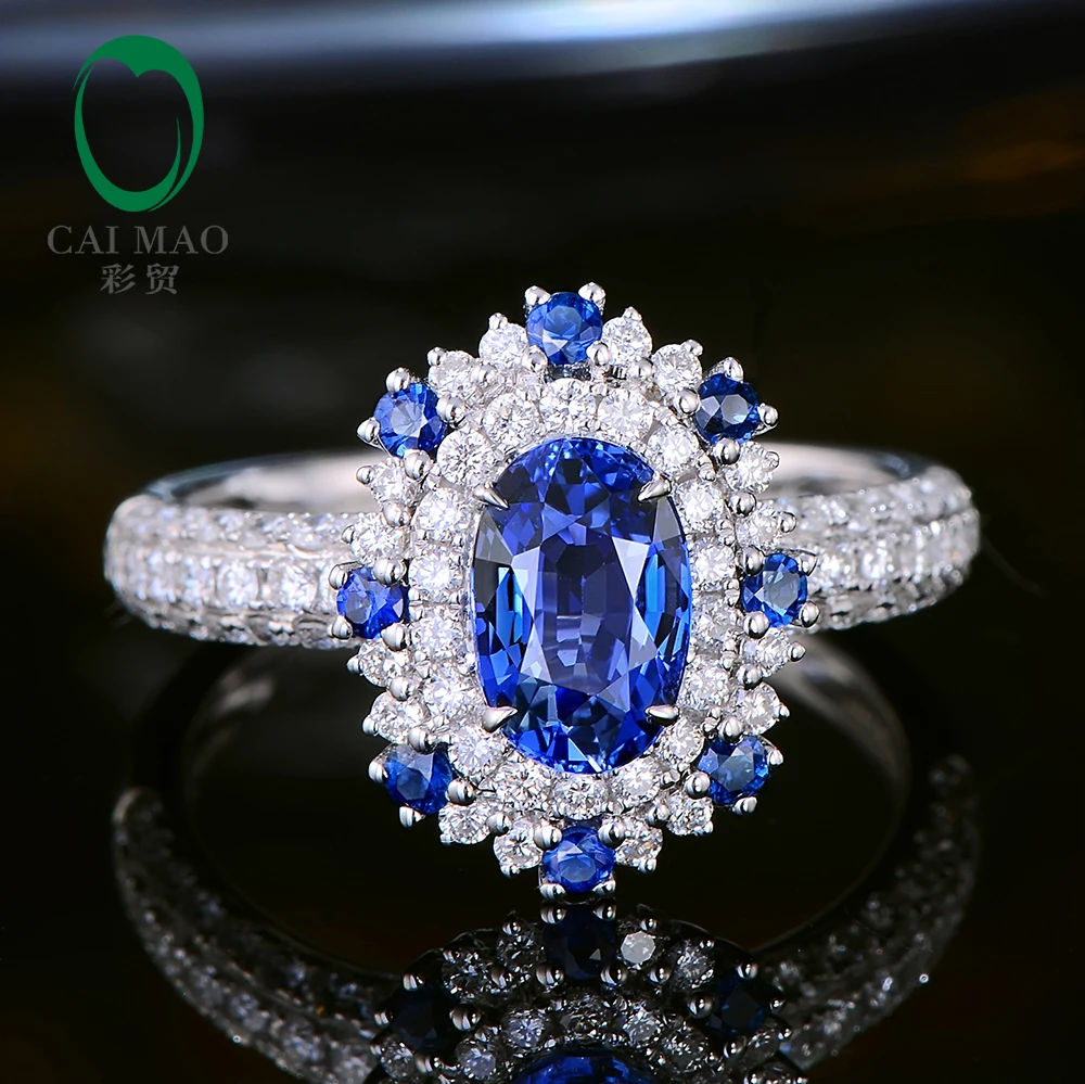 CaiMao 1.57ct Natural Sapphire Ring with Halo Diamonds 18kt White Gold Engagement Wedding Jewelry