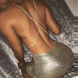 FestivalQueen Women's Sexy Metal Silver Mini Dress Rhinestone Chain Backless Party Shiny Bodycon Slim Dresses Nightclub Summer