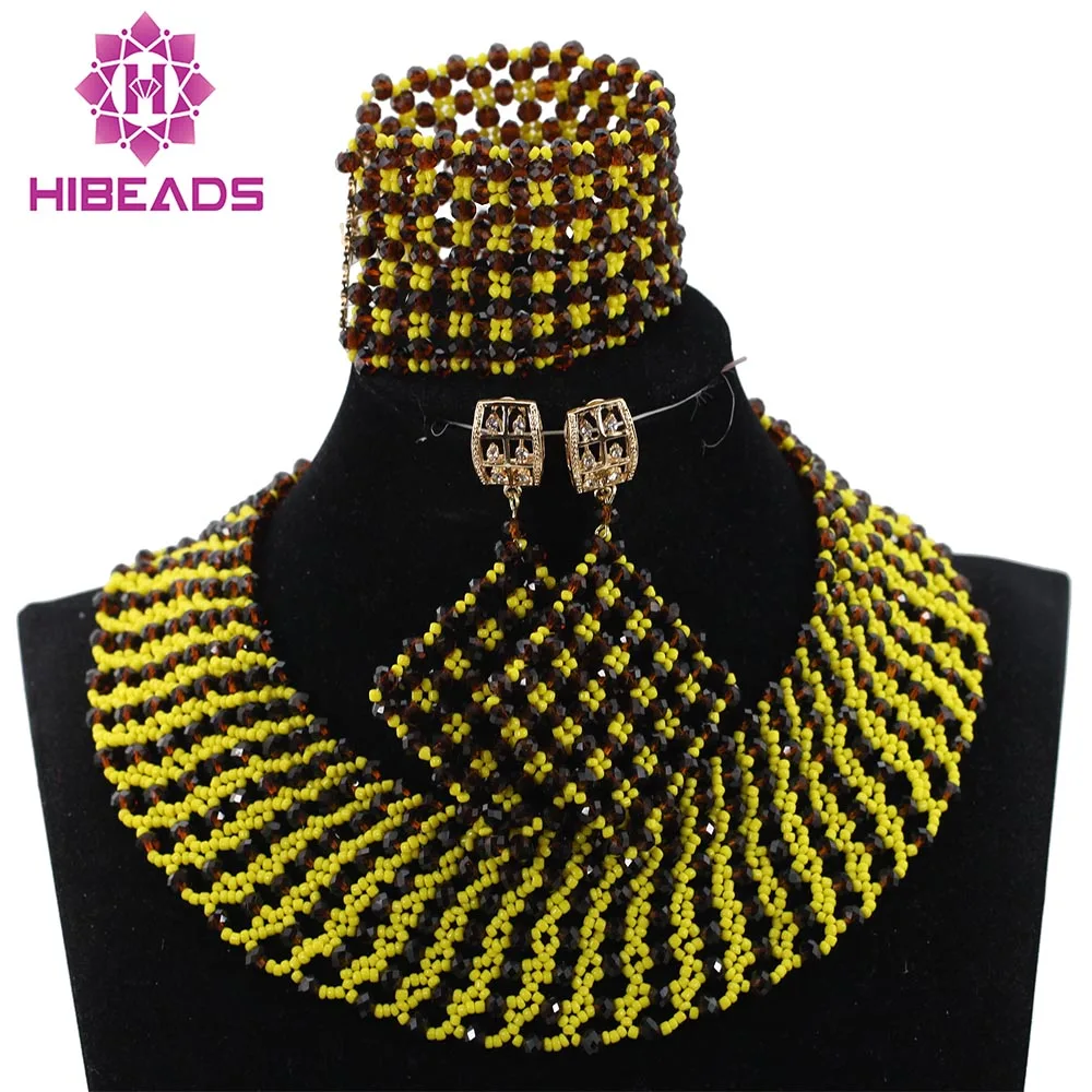 

Fashion African Beads Jewelry Set Chocolate Brown/Yellow Chunky Wedding Nigerian Jewellery Set for Bride Free Shipping ABH312