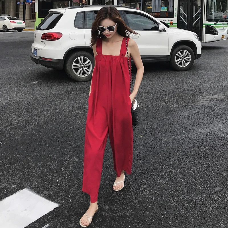 สีแดง Bohemian Jumpsuit 2019 ฤดูร้อนใหม่ Strappy Bohemian พรรค Rompers Beach VINTAGE ยาวขากว้าง Overalls Playsuits กางเกง DD1987