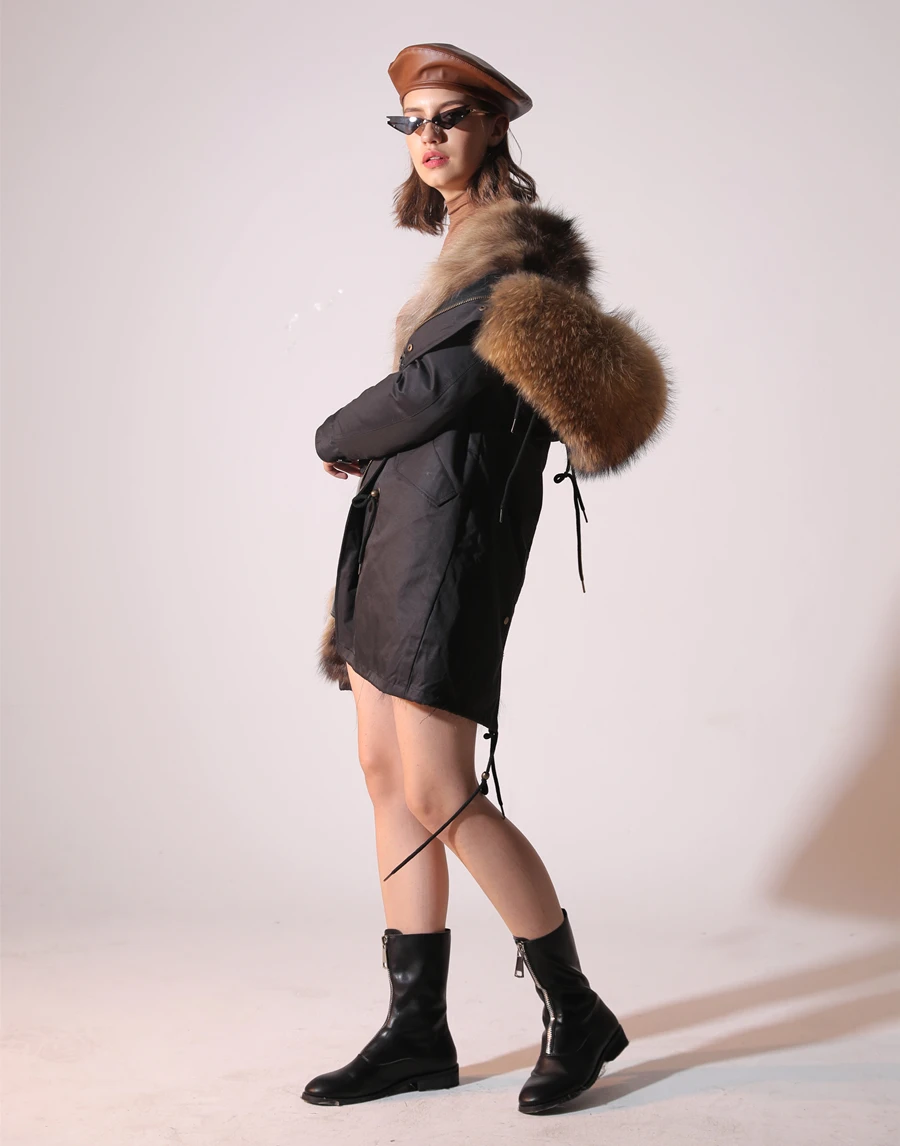Echter Pelzmantel Winterjacke Damen Langer Parka Wasserdicht Großer Natürlicher Waschbärpelzkragen Kapuze Dick Warm Echter Fuchspelz-Futtermantel – Detail 15
