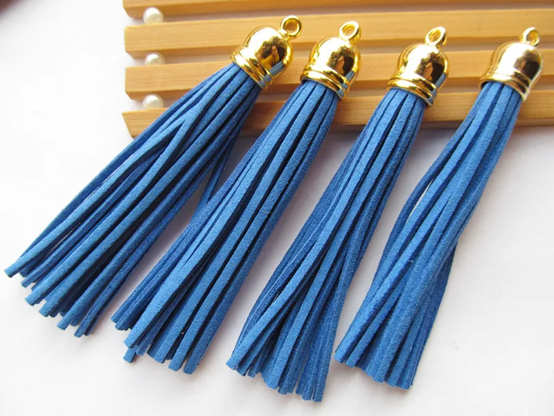 Free Shipping 100Pcs 90mm Blue  Suede Leather Jewelry Tassel For Key Chains/ Cellphone Charms Top Plated End Caps Cord Tip