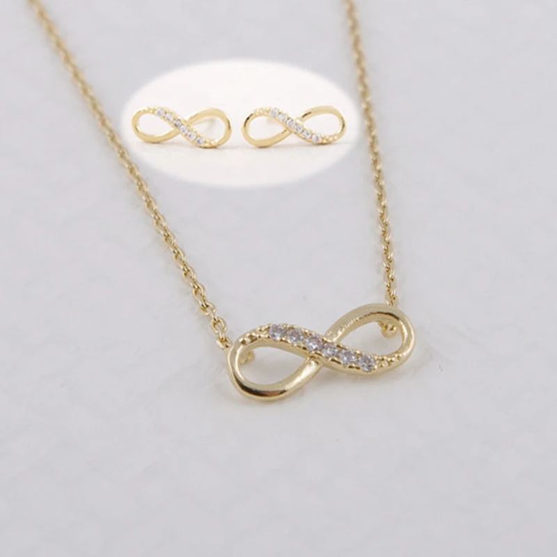 1 Set  Gold Silver Plated Infinity Endless Love Tiny Crytals Link Charm Necklace Jewelry Set Korean Style For Women Girls