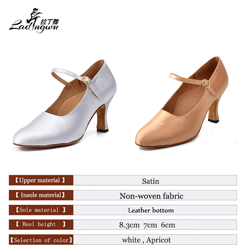 Ladingwu  White/Apricot Latin Dance Shoes Women Satin Collocation Rhinestone buckle Closed Toe Ballroom Dance Shoes