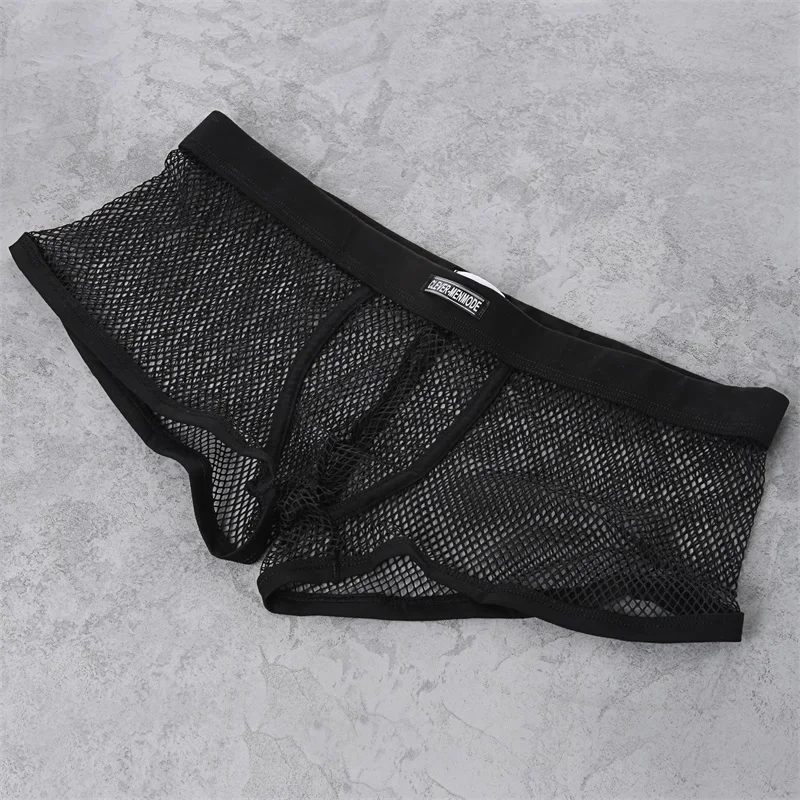 Sexy masculino boxers shorts baixo crescimento homem sexo roupa interior lingerie tronco malha transparente ver através de cuecas eróticas preto