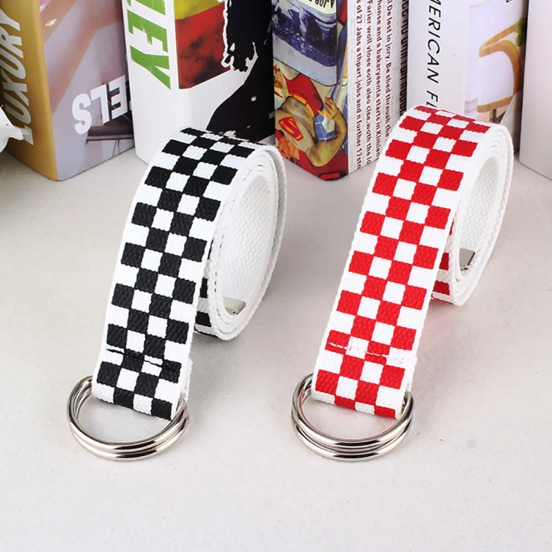 

Fashion Women Double Stirrup Tartan Printed Nylon Canvas Belts Harajuku Checkerboard Couple Plaid Long Canvas Belt Waistband