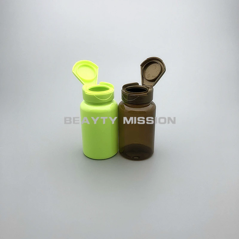 

BEAUTY MISSION 120ml 40 Pcs/Lot Medical PET Empty Bottle, Green/Brown Pull Lid Bottle, 120cc Capsule Bottles With Flip Top Cap