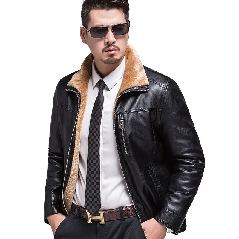 

High Quality Stand Collar Middle-aged Leather Jacket Men Winter Business Casual Thick Warm Black Leather Jacket Fur Coat M-xxxl