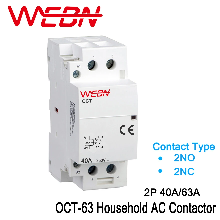 

OCT-63 Series 2P 40A/63A Automatical Operation AC Household Contactor 220V/230V 50/60Hz Contact 2NO/2NC Din Rail Contactor