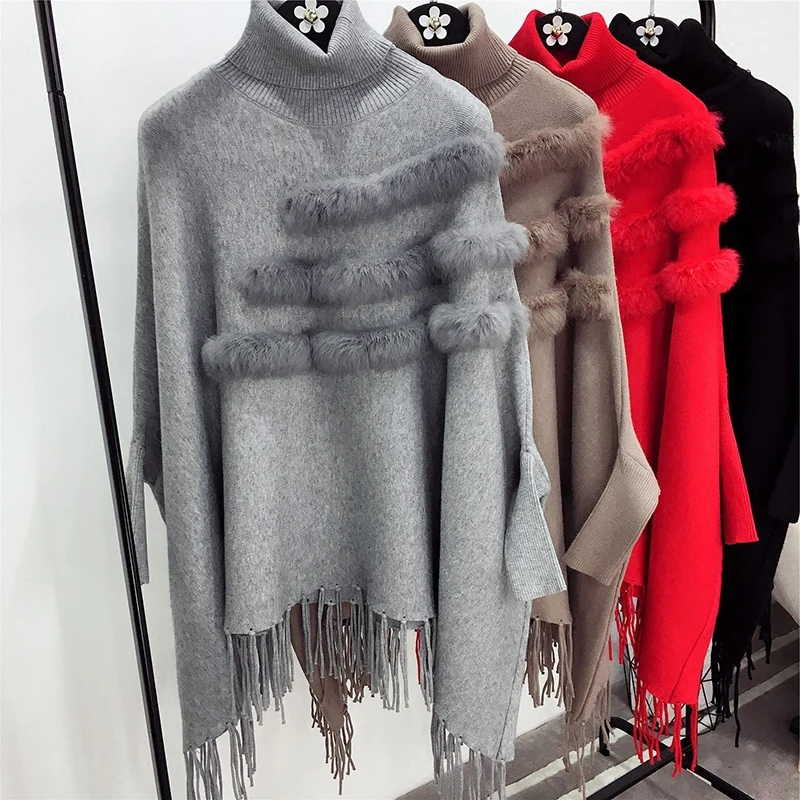 

New Fashion Autumn And Winter Women High Collar Real Rabbit Fur Cloak Pullover Lady Bat Sleeves Tassel Poncho Sweater Knitwear