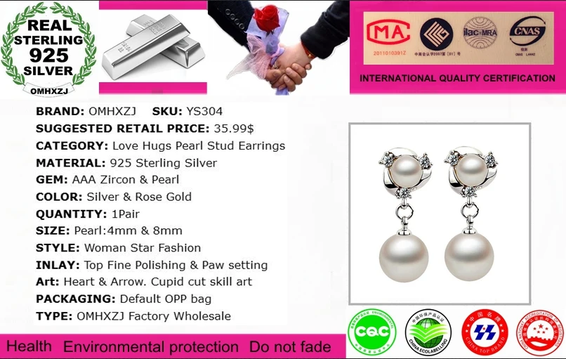 OMHXZJ Wholesale Jewelry Elegant Fashion for Woman Wedding Gift Love Hugs Double Pearl 925 Sterling Silver Stud Earrings YS304