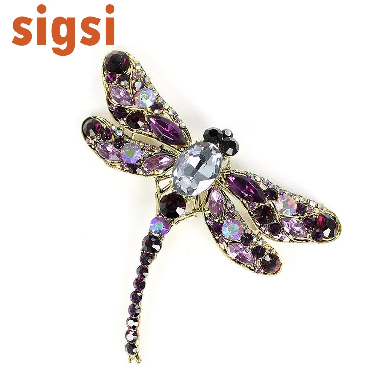 100pcs a lot wholesale price 3H x 3 .5 W inches Austrian Crystal Purple Dragonfly Teardrop Brooch Pin