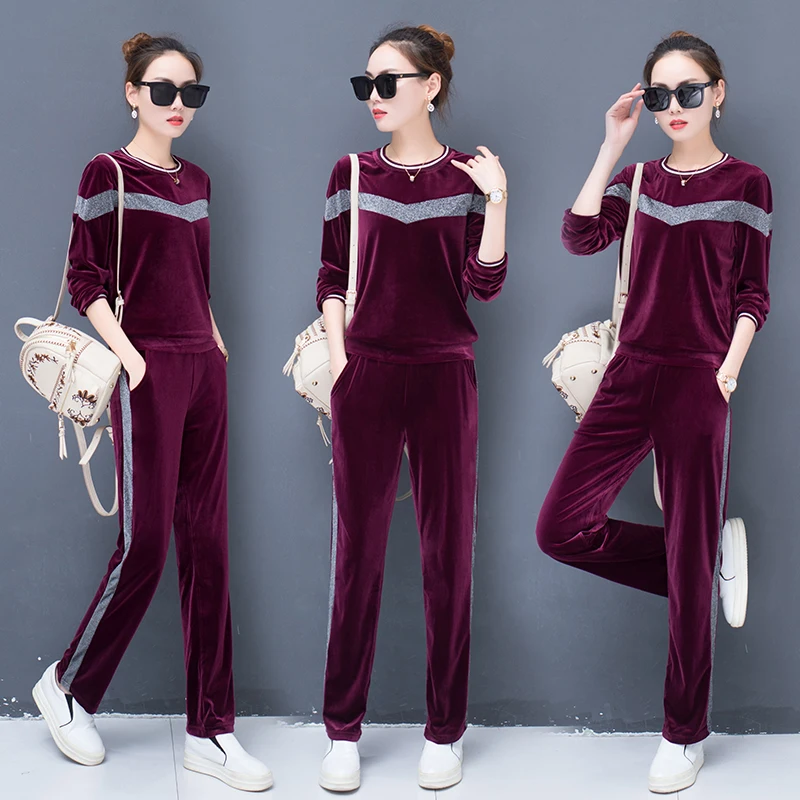 Gold velvet casual sports suit female 2020 spring and autumn new Korean fashion loose thin large size two-piece