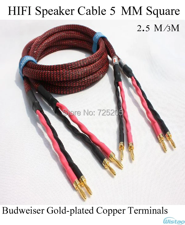 HIFI Speaker Cable 5 MM Square Budweiser Gold-plated Copper Banana Terminals  Choseal 4N OFC Cable 2.5m  3m Black Brawn DIY