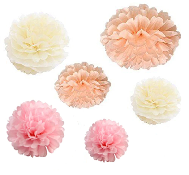 

24xNEW RELEASE mix sizes baby girl PINK IVORY PEACH tissue paper bunting pom poms wedding party wall hanging decorative flower