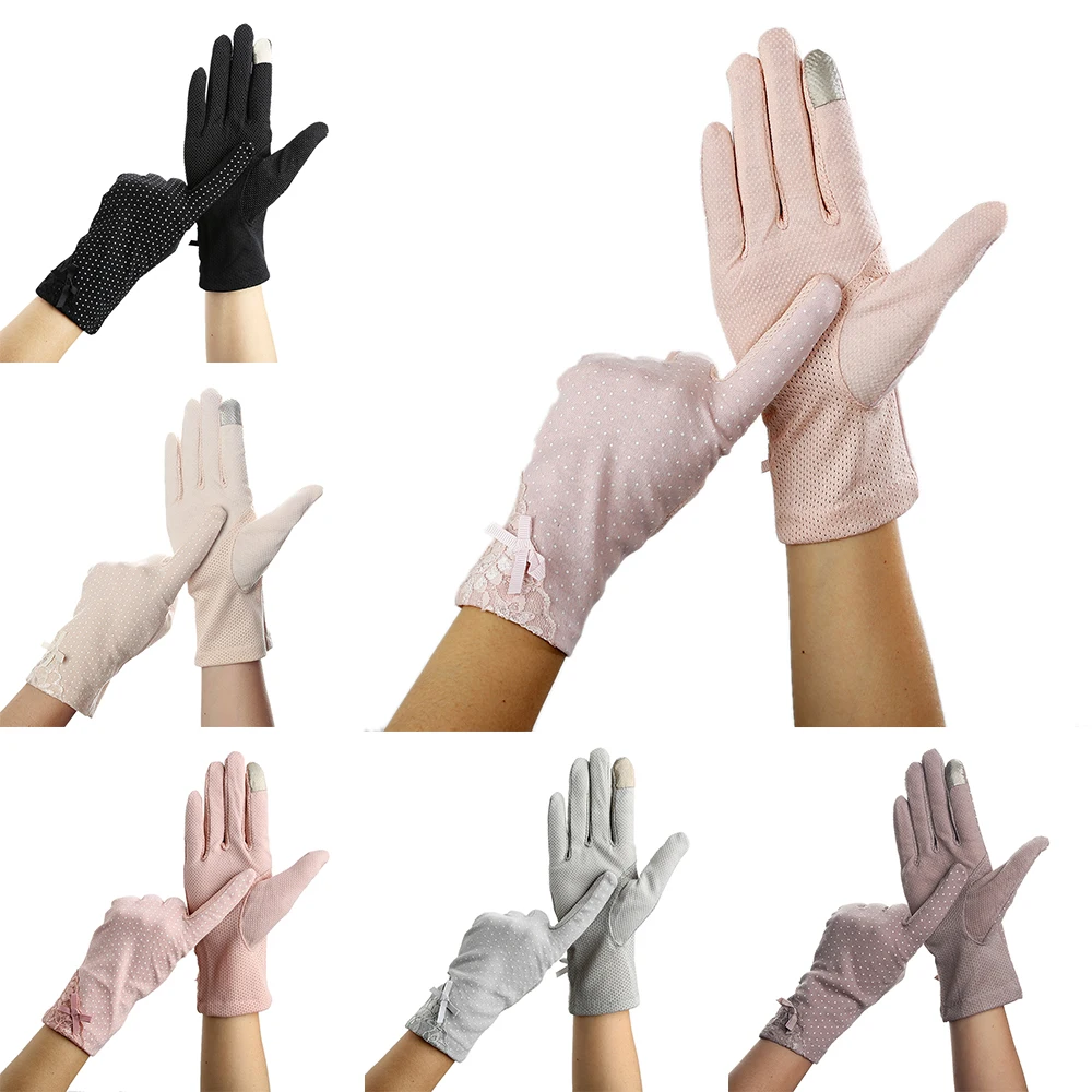 KLV-Guantes de encaje antideslizantes para mujer, protector solar para verano y primavera, elásticos para pantalla táctil, resistentes a los rayos