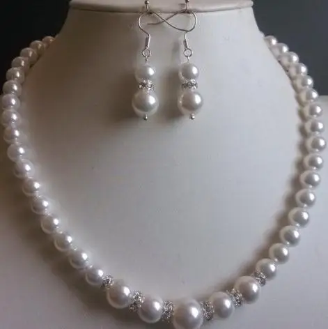 New Arriver Shell Pearl Jewelry Set 17inch 8-12mm White Shell Pearl Graduated Necklace Earring