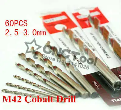 

Free shipping 60 pcs 2.5-3.0 mm Cobalt containing high speed steel Co-HSS M42 twist drill bits for metal drilling